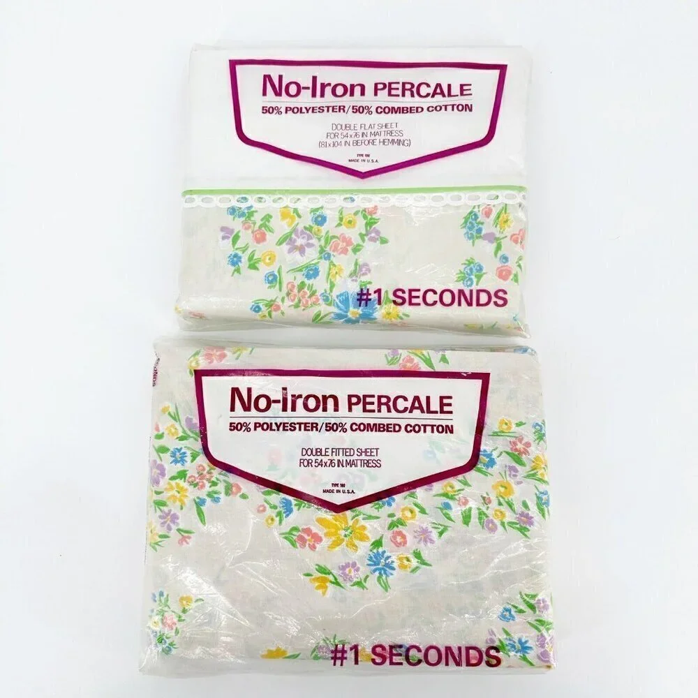 NEW Vintage No Iron Double Full Floral Fitted & Flat Sheet NOS Made in USA